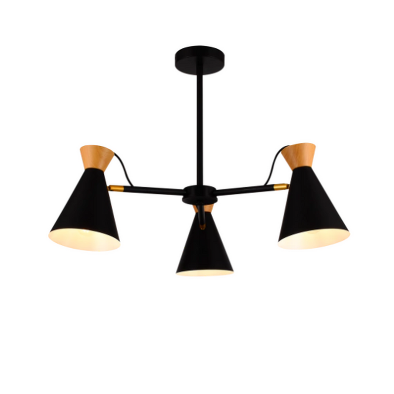 Araña colgante de 3 luces en madera y metal negro o blanco