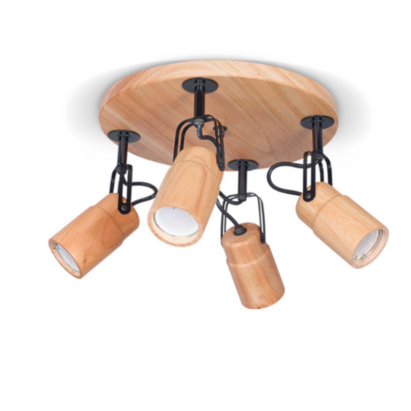 Plafón de techo de 4 luces en madera paraíso mate, terminaciones en blanco o negro