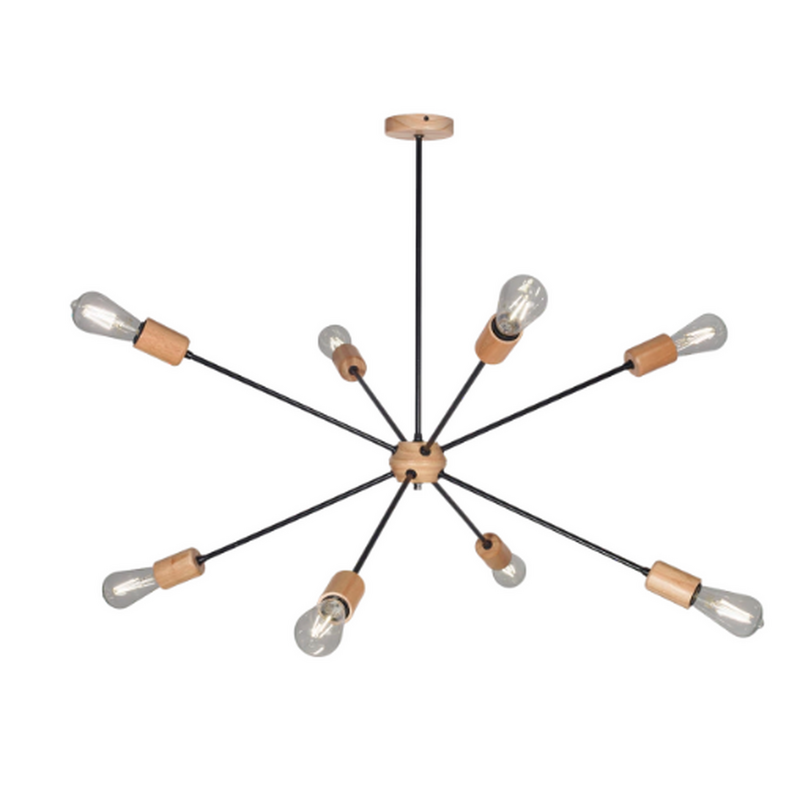 Colgante de 8 luces en metal negro o blanco con detalles en madera paraíso
