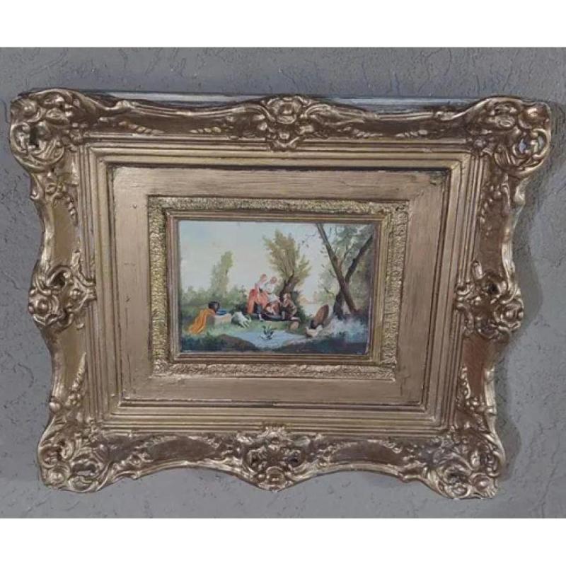 Óleo escena romántica con marco dorado firma ilegible