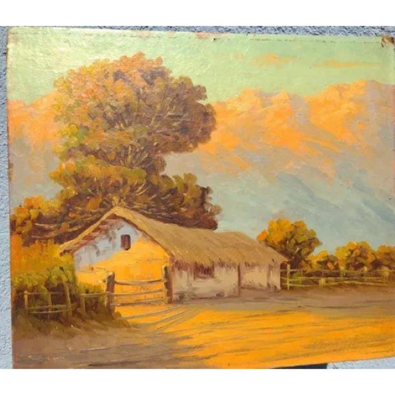Cuadro óleo sobre hardbore Tema rancho atardecer Firma ilegible