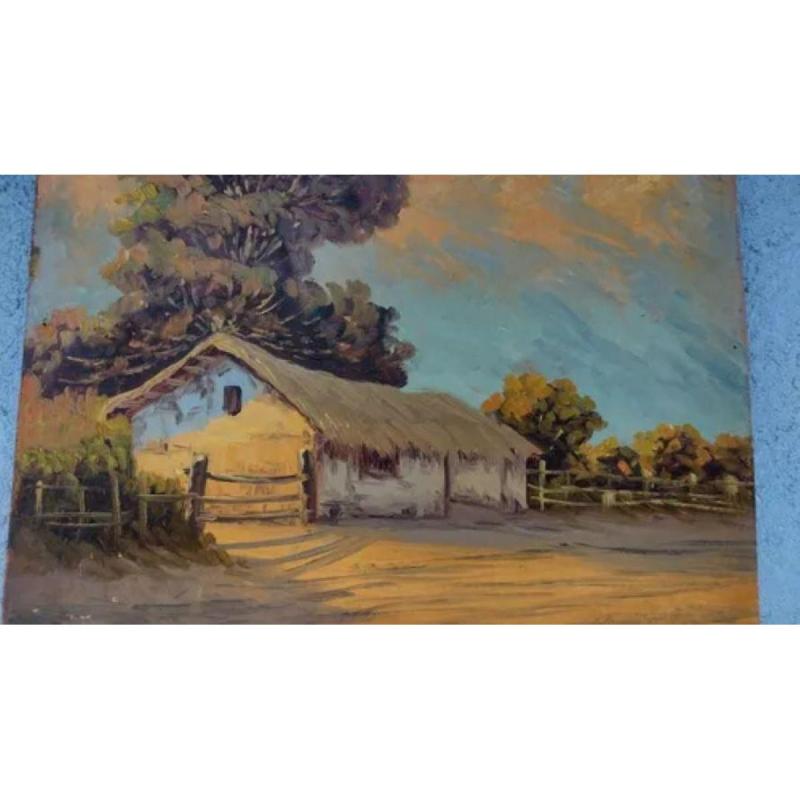 Cuadro óleo sobre hardbore Tema rancho atardecer Firma ilegible - 4
