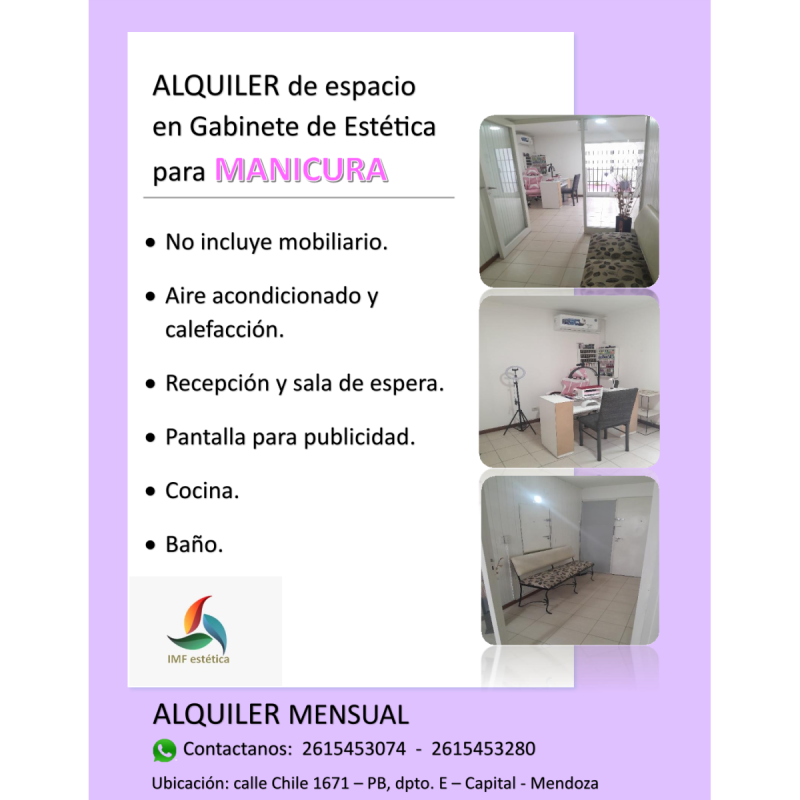Alquilamos espacio para MANICURA en nuestro gabinete de Estética