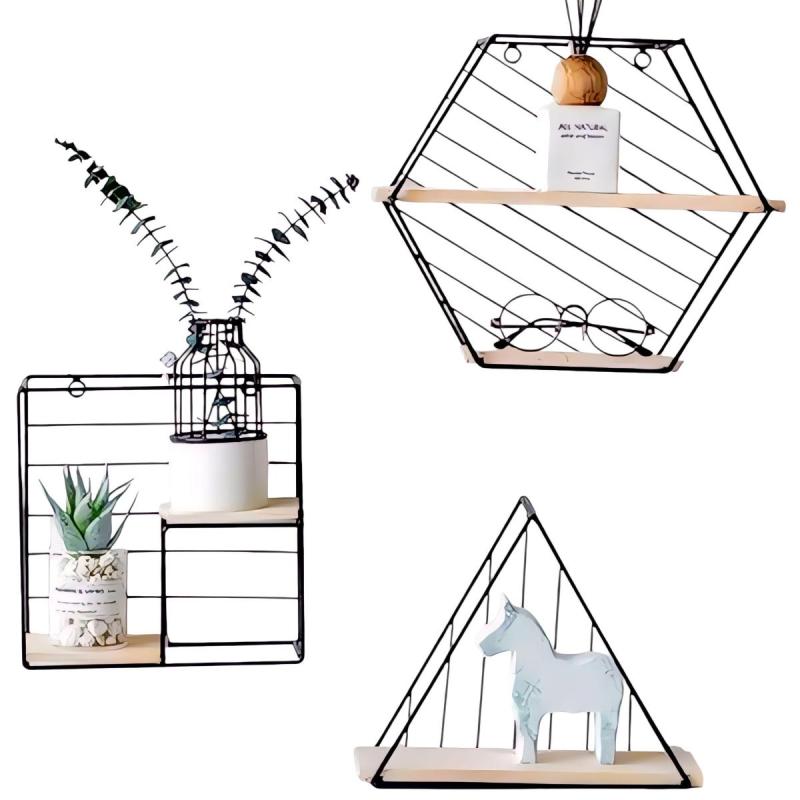 Macetero Estante de Hierro y Madera Exagonal Cuadrado Triangular (Combo × 3U)