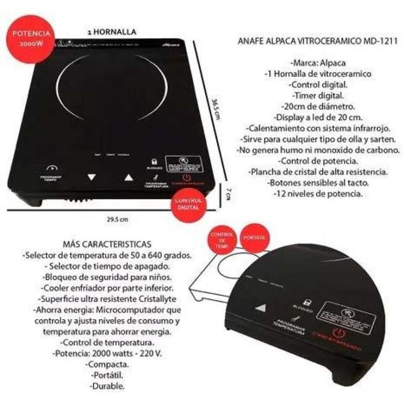 Anafe vitroceramico alpaca 1 hor c/control digital y display led 2000w