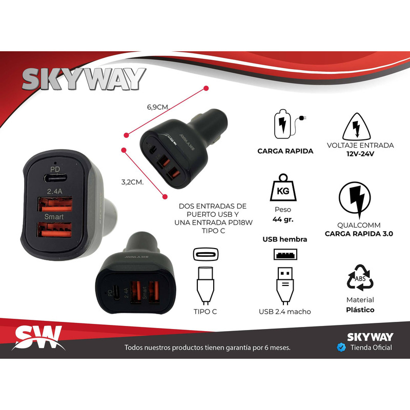 Cargador De Auto - SKYWAY - 3 Salidas (USB C PD + 2x USB2.0) - MAX 6.2A - 2
