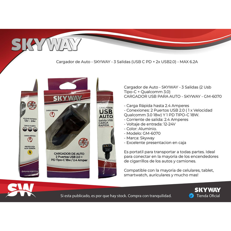Cargador De Auto - SKYWAY - 3 Salidas (USB C PD + 2x USB2.0) - MAX 6.2A - 4