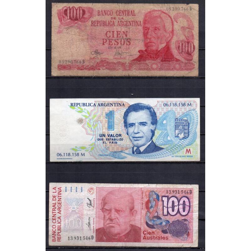 Lote 3 billetes de argentina incluye Menem trucho en oferta