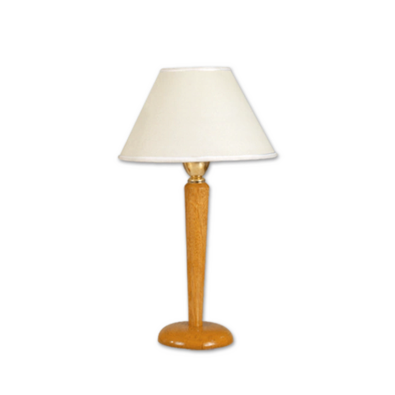 Velador en madera roble con detalles en dorado con pantalla blanca o beige