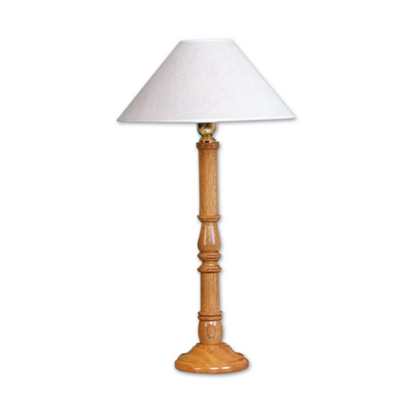 Velador en madera roble con detalles en dorado con pantalla blanca o beige