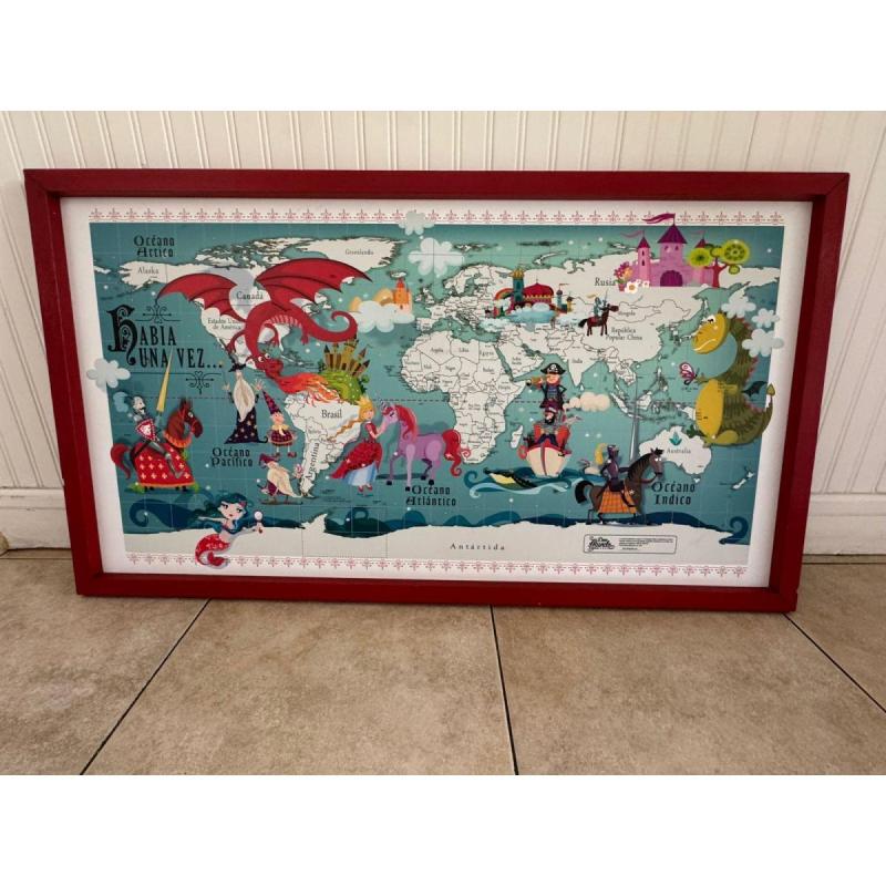 Cuadro Infantil "Había una vez..." con mapa ilustrado y marco rojo