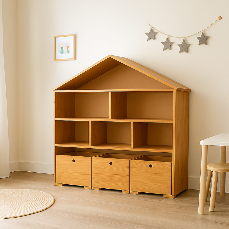 🏠 Juguetero Montessori en madera maciza con forma de casita – 3 cajones