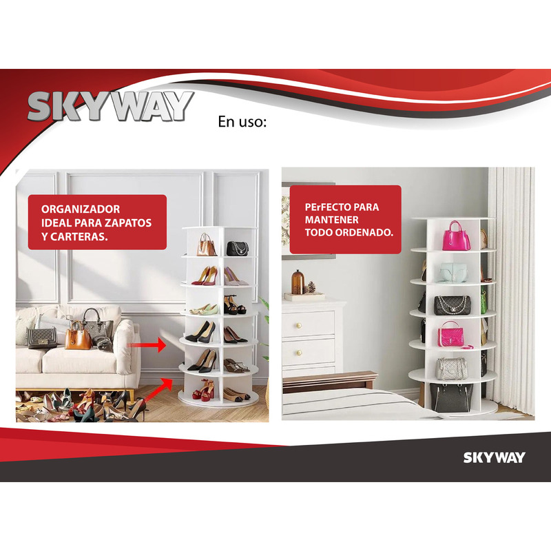 Mueble Zapatero Giratorio 360° - 6 Niveles, Blanco - Almacena hasta 24 Pares - 3/4