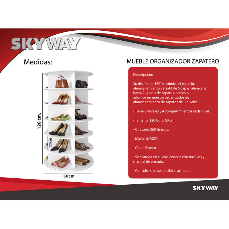 Mueble Zapatero Giratorio 360° - 6 Niveles, Blanco - Almacena hasta 24 Pares - 4/4