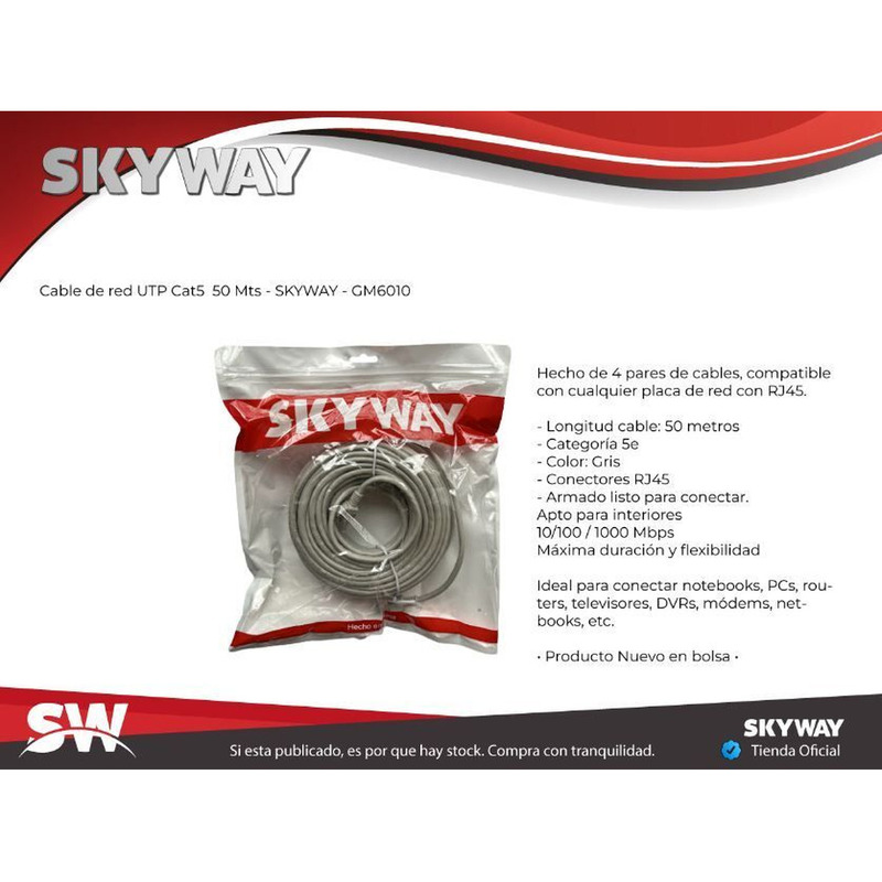 Cable Red Largo 50 Metros Cat 5e Rj45 Internet Ethernet - 3/4
