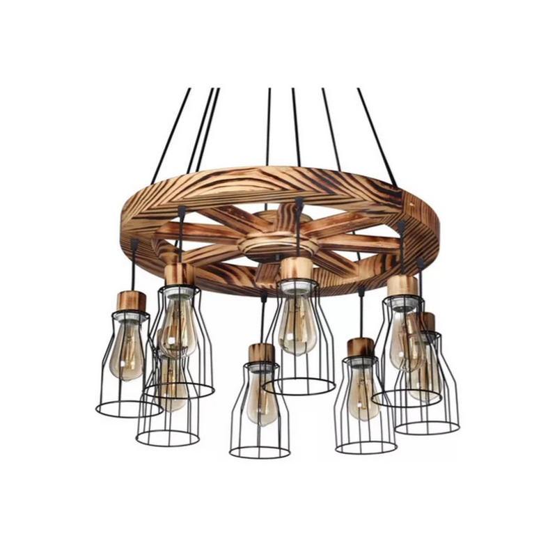 Lámpara Colgante Rueda Madera 8 Luces Living Retro Carilux