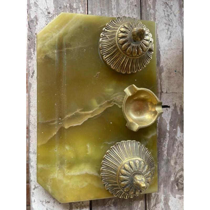 Escribanía antigua bronce, cristal sobre ónix