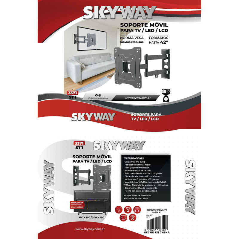 Soporte Tv Led Lcd Smart - Doble Brazo Móvil 17 a 42 Pulgadas (Reforzado) - ST1 - SKYWAY - 4