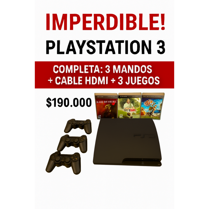 Ps3 +3 mandos + 3 juegos + cable hdmi. completa