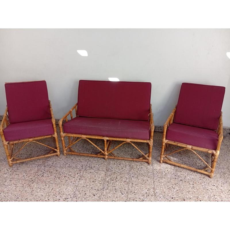 Juego de Living de Caña Bambú Vintage - 3 Cuerpos - Almohadones Alta Densidad