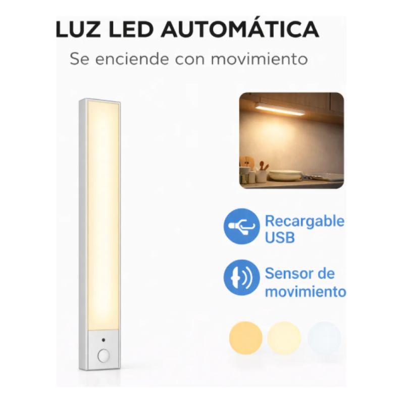 Barra Luz Led 40cm C/sensor Movimiento Usb Recargable Magnetica