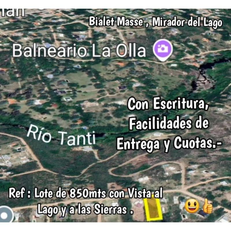 vendo lote de 850mts con vista al lago y a las sierras