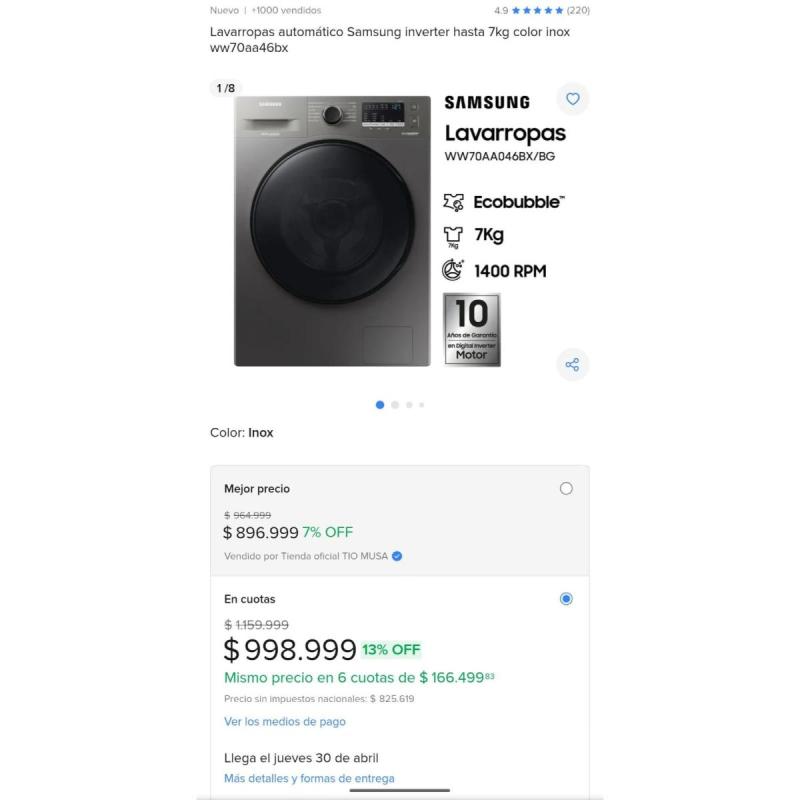 Lavarropas samsung.tecnologias: eco bubble y digital inverter. nuevo sin uso