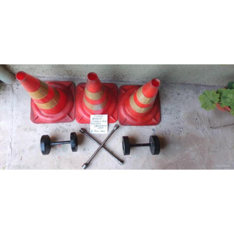 cono, llave para rueda y mancuerna
