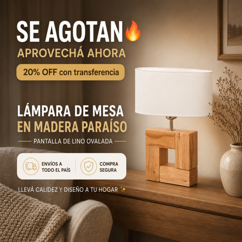 Lámpara de Mesa en Madera Paraíso con Pantalla de Lino Ovalada