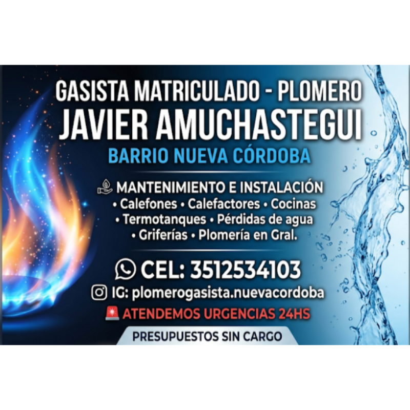 Gasista matriculado-plomero mantenimiento e instalacion nva cba