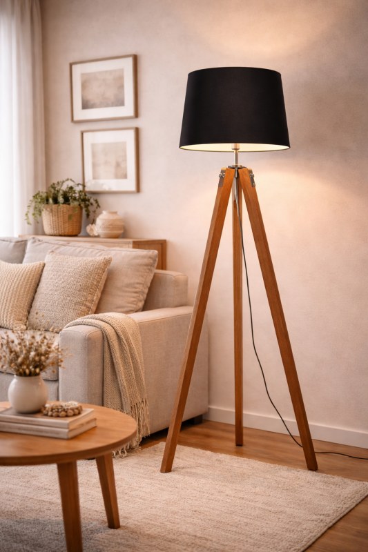 Lámpara de pie trípode 1 luz madera roble mate Con Pantalla Negra