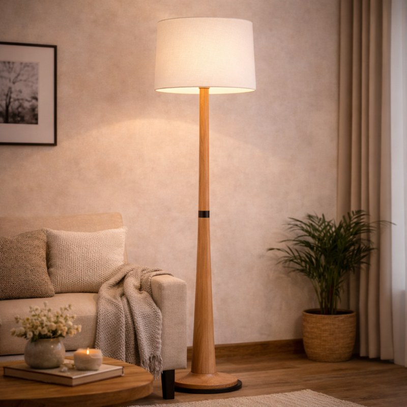 Lámpara de pie en madera de lenga mate con pantalla de lino