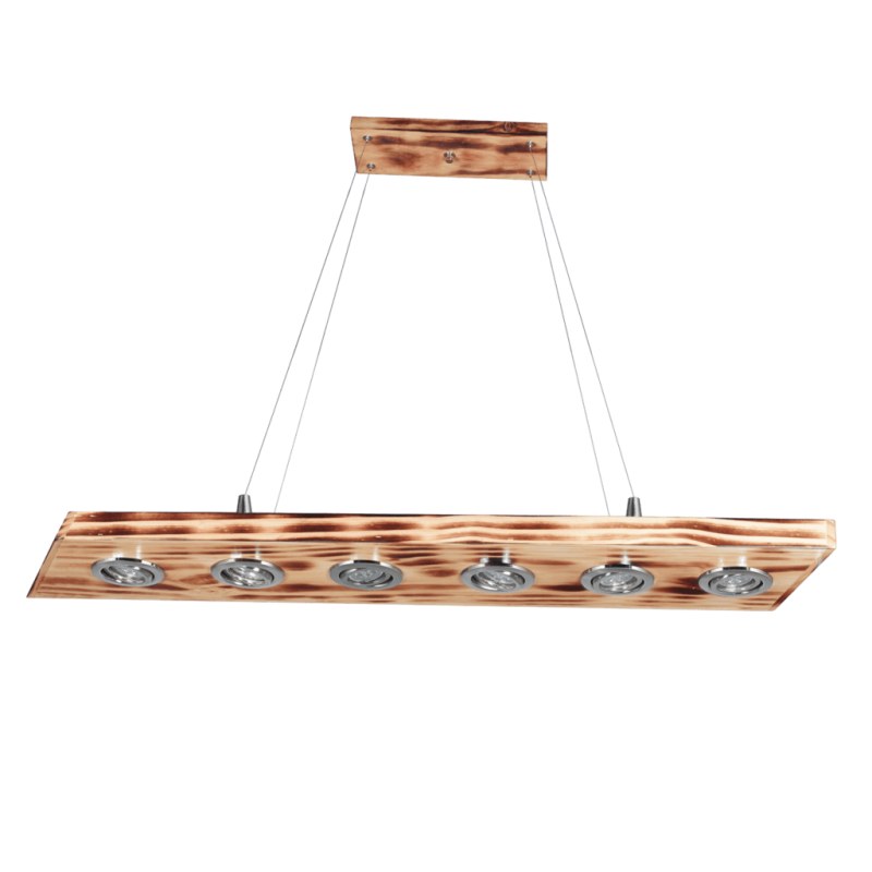 Barra de 6 Luces en Madera de Pino quemada con Spots Metálicos