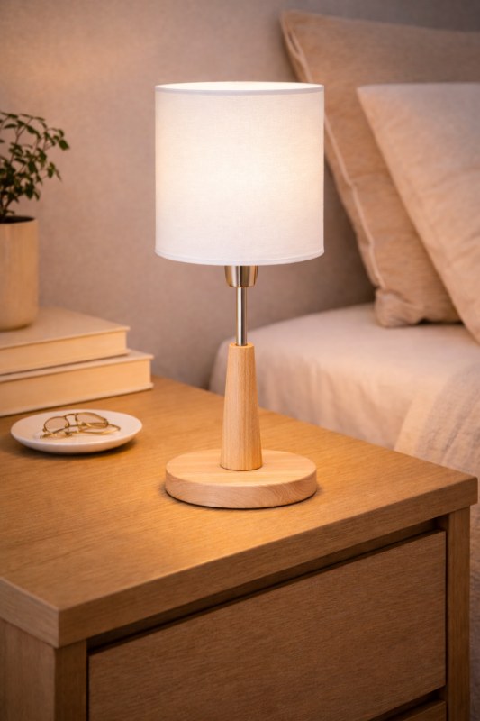 Velador madera con pantalla blanca