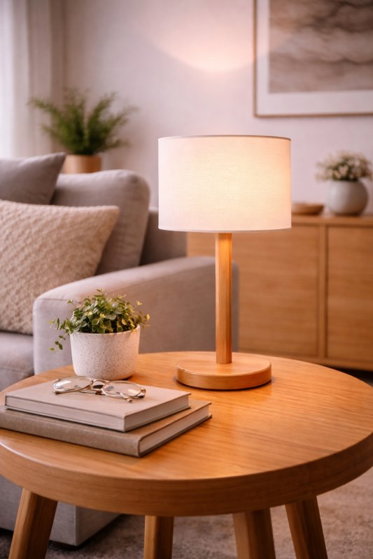 Velador en Madera Palo Blanco con Pantalla de Lino - Minimalismo Natural y Diseño Atemporal