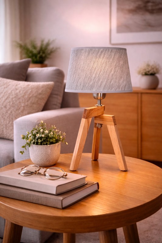 Velador Plegable de Madera Paraíso con Pantalla de Arpillera Gris - Diseño Funcional y Elegante