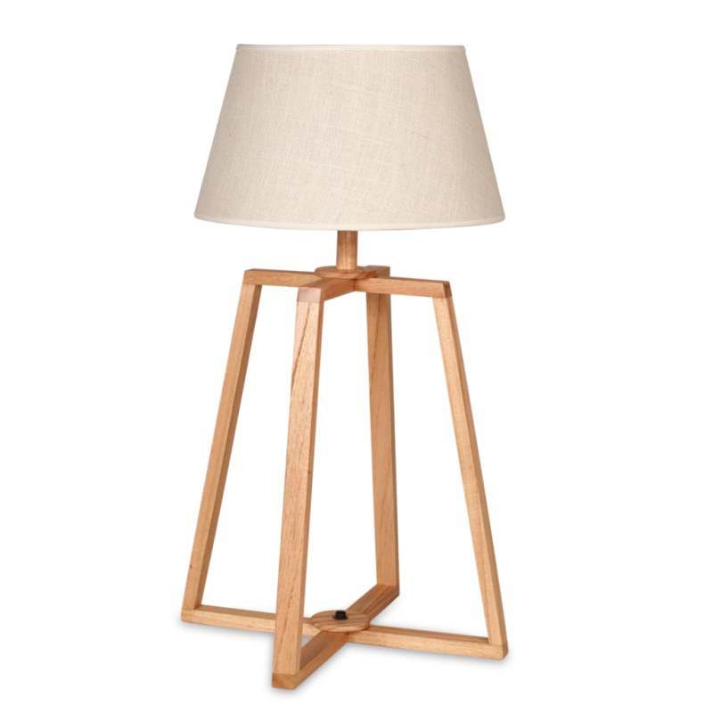 Lámpara de Mesa Cruz en Madera Paraíso con Pantalla de Arpillera Clara - Estilo Rústico y Elegante