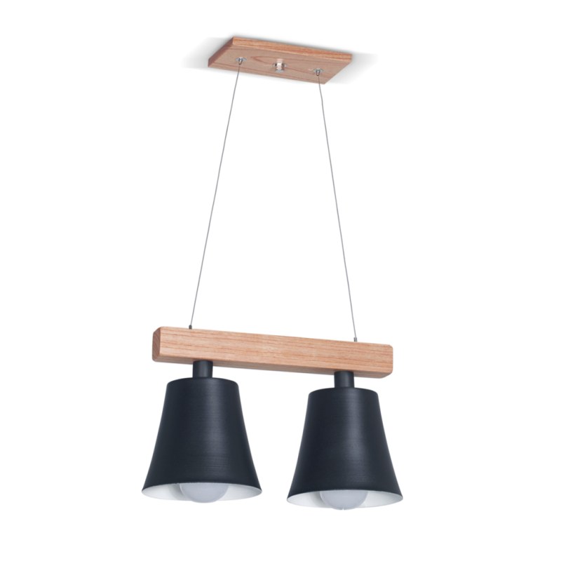 Colgante en madera paraíso y campana de metal negra o blanca 2 luces