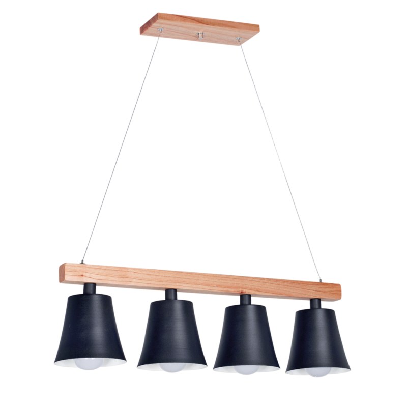 Lámpara Colgante en Madera Paraíso y Campana de Metal Negra o Blanca de 4 Luces