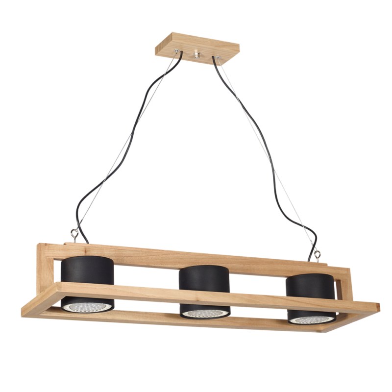 Colgante de 3 luces en madera paraíso con tacho en metal negro o blanco