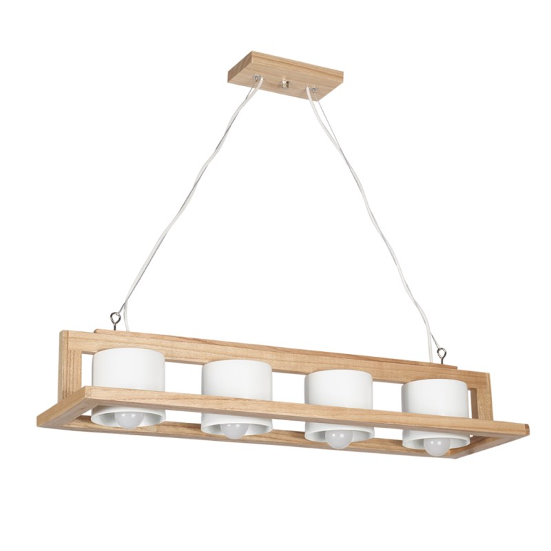 Colgante de 4 luces en madera paraíso con tacho en metal negro o blanco