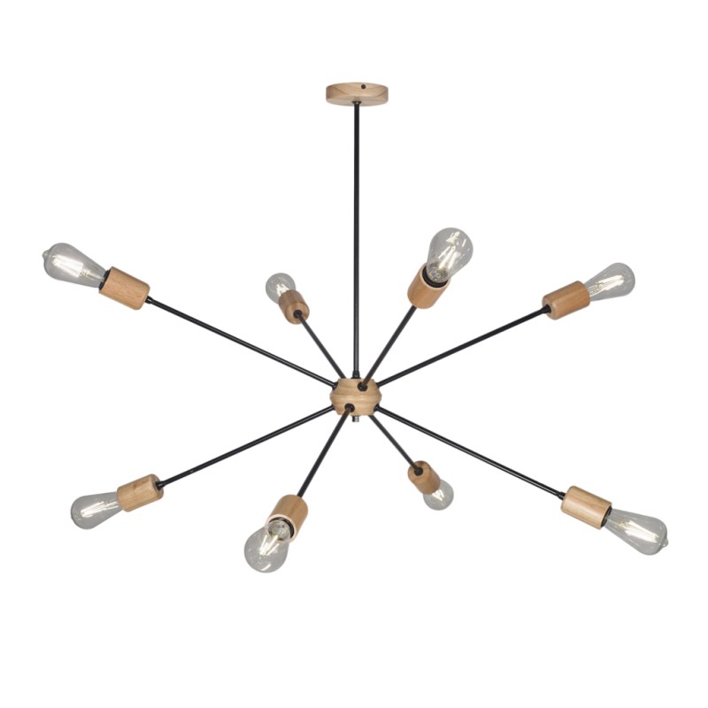 Colgante de 8 luces en metal negro o blanco con detalles en madera paraíso