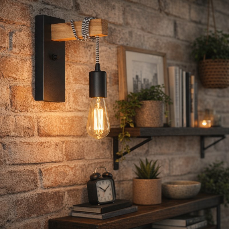 Aplique Mensula Nórdico Negro Madera 1 Luz E27 con Cable Textil Moderno