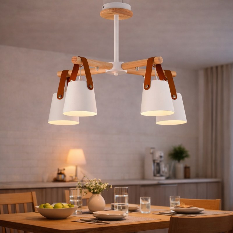 Araña Lámpara colgante de techo de 4 luces en madera y metal blanco