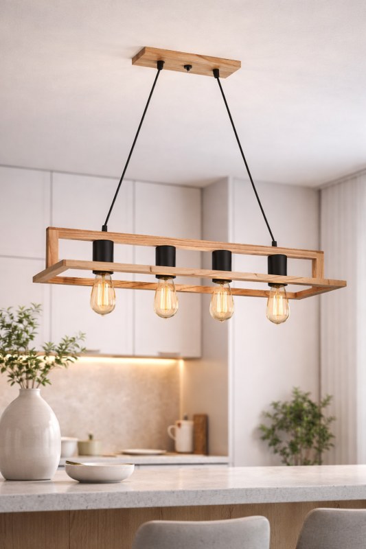 Lámpara Colgante Comedor 4 Luces Madera Paraíso 76cm | UBID