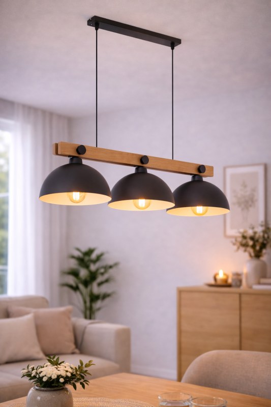 Lámpara de Techo Colgante de 3 Luces en Madera y Metal para E27 - 70cm de Elegancia y Modernidad