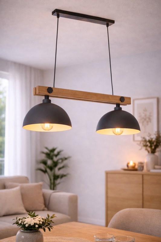 Lámpara de Techo Colgante de 2 Luces en Madera y Metal para E27 - 70cm de Elegancia y Modernidad