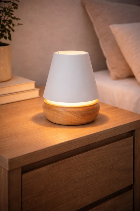 Velador de Madera Natural con Pantalla Blanca - Elegancia y Calidez en Cada Rincón