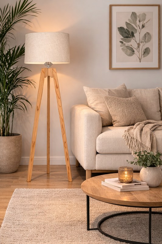 Lámpara de pie en madera paraíso con pantalla arpillera marmolada beige