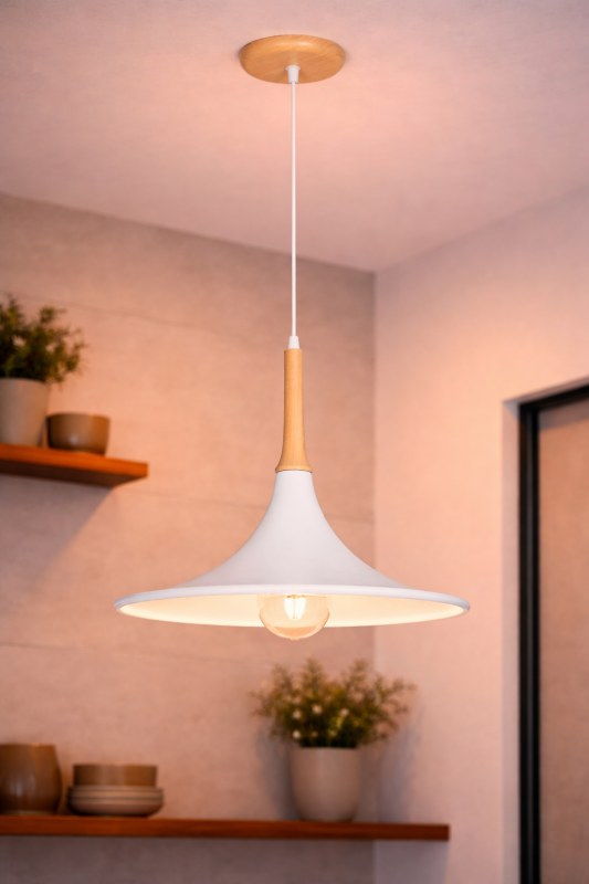 Colgante EMBUDO de Metal Blanco y Madera - 35 cm de Diámetro x 40 cm de Alto